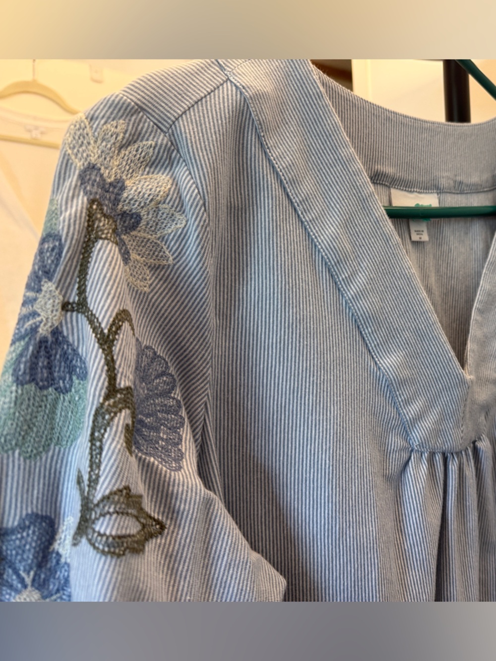 JJILL Embroidered Light Blue Striped V-Neck Blouse